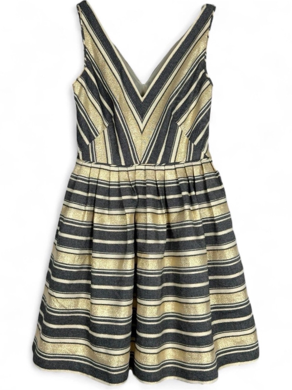 J.Crew Gold Black Metallic Striped V-Neck Fit Flare Dress B5104 Womens 00 Petite